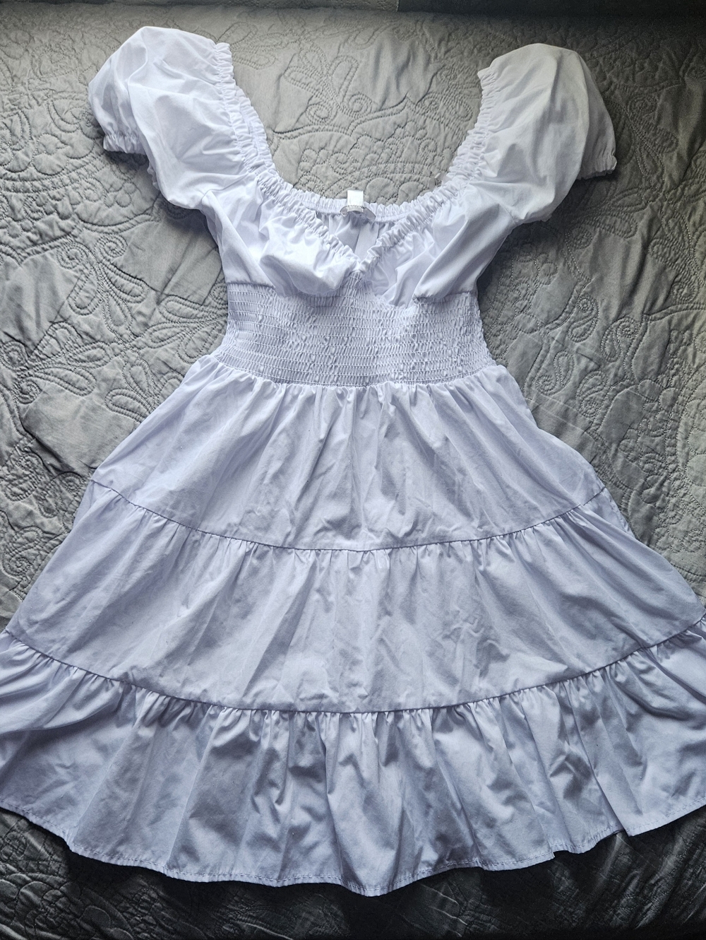White Tiered Smocked Waist Puff Sleeve Dress